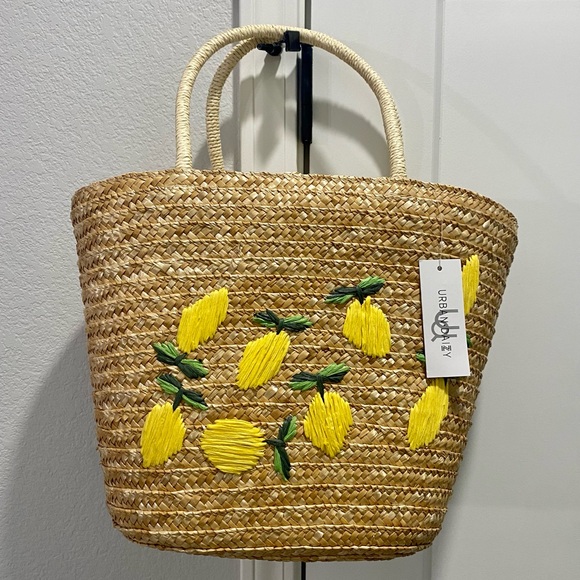 Urban N Daizy Handbags - Urban n Daizy Woven Embroidered Lined Tan Straw Lemon Tote Bag Purse Carryall